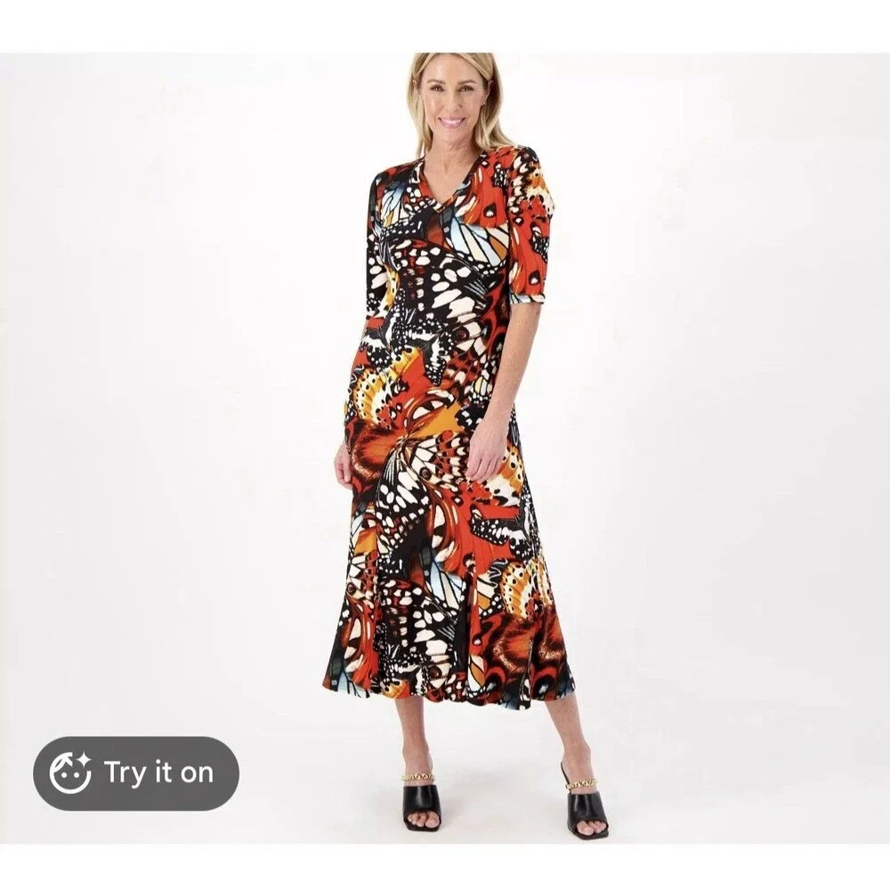 Attitudes Renee Jersey Dress Maxi Sz L Monarch Butterfly Maxi Boho Stretch Red - Picture 7 of 12